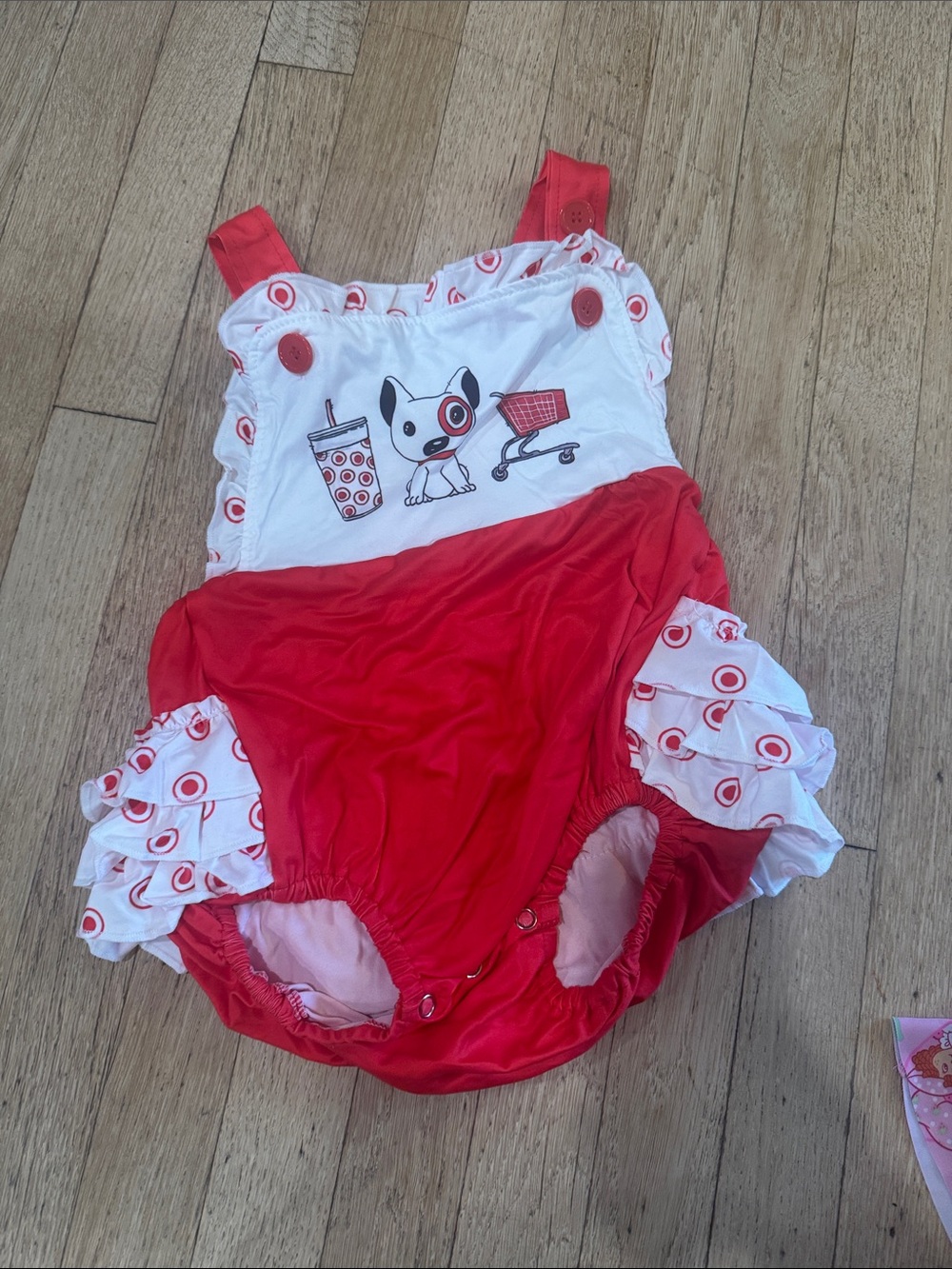 Red & White Girls' One-Piece Romper with Cute Puppy Graphic